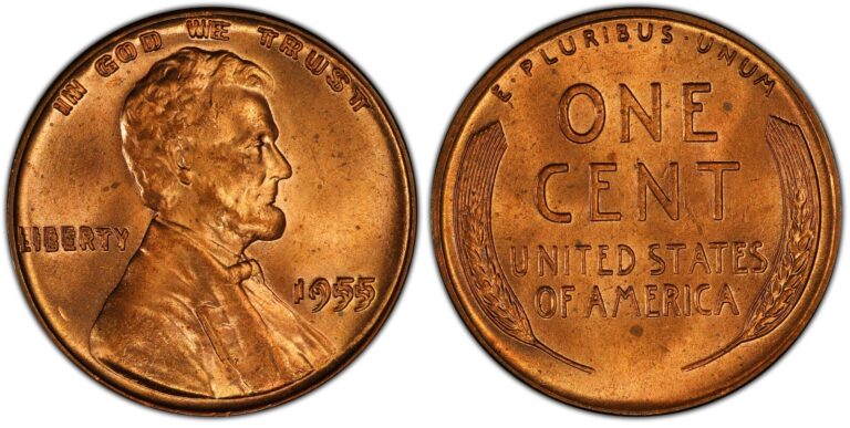 The 1955 doubled die obverse Lincoln cent, showing clear separation on the date and lettering