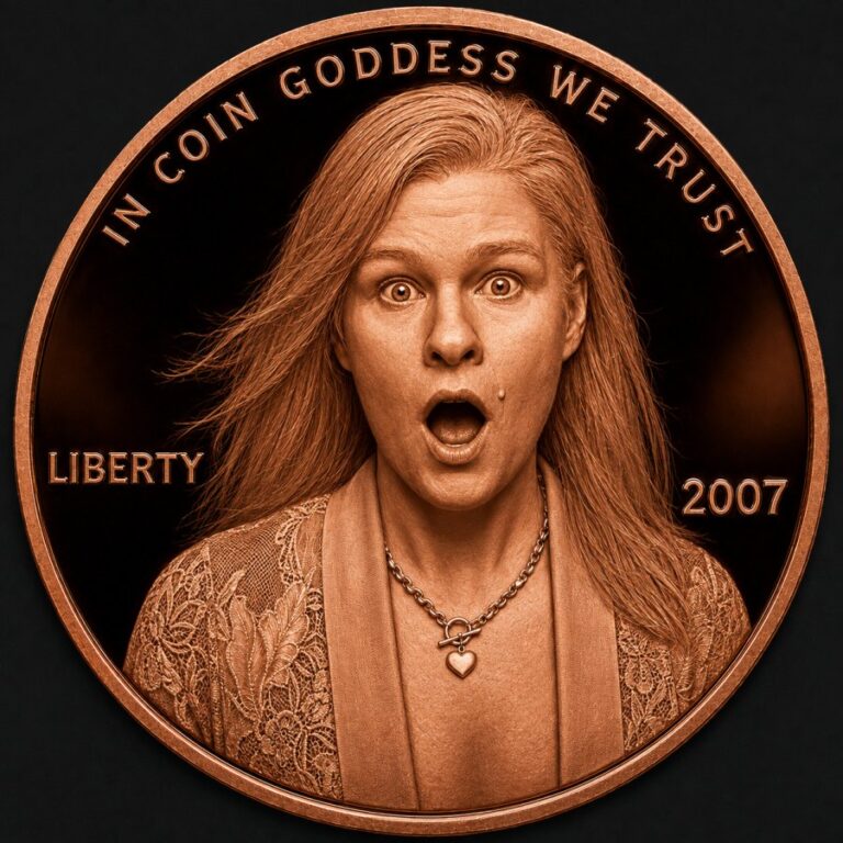 Jen Mellen as a copper penny with a shocked expression, lettered In Coin Goddess We Trust