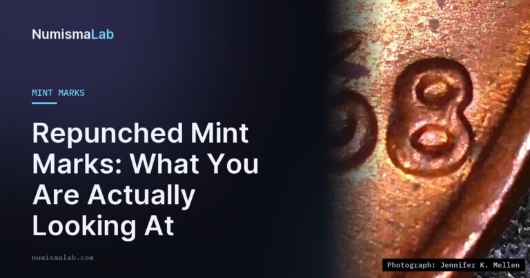 Title card: repunched mint marks explained, with a close view of the date and D mint mark of Jen's 1968-D Lincoln cent