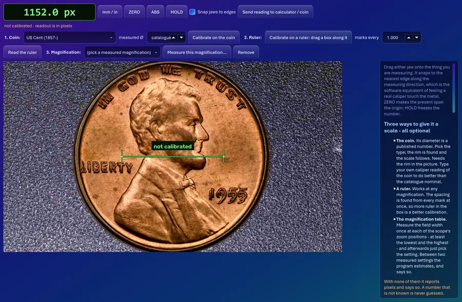 The on-screen caliper, calibrated against a coin of known diameter