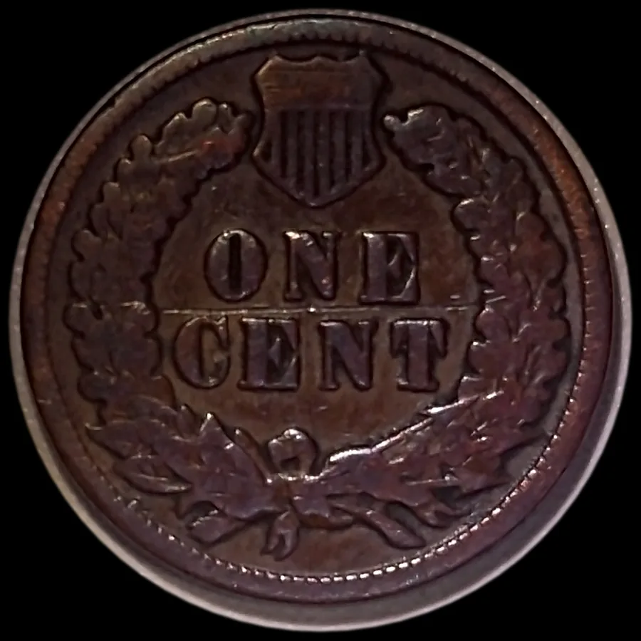 The reverse of an 1889 Indian Head cent from Jen Mellen's collection under low raking light, the wreath and letters read by their shadows