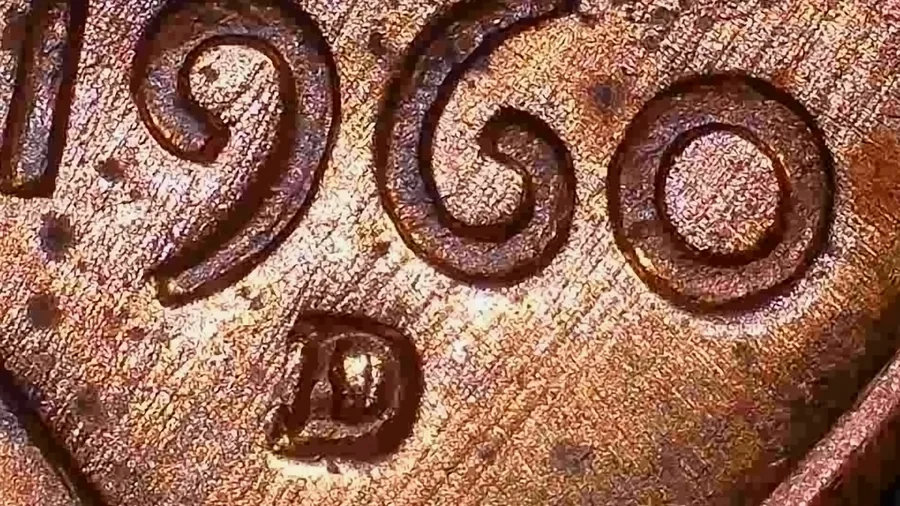 The date and D mint mark of a 1960-D Lincoln cent from Jen Mellen's collection, filed as a repunched mint mark, with a second D outline visible inside the first