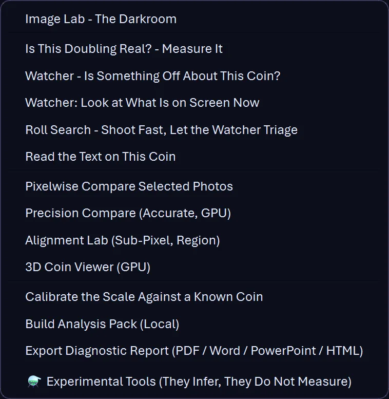 The Analyze menu in CoinScope Pro, including Build Analysis Pack and Export Diagnostic Report