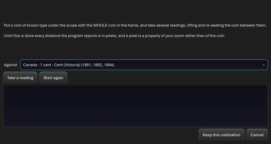 The Calibrate the Scale window in CoinScope Pro, taking readings against a coin of known diameter