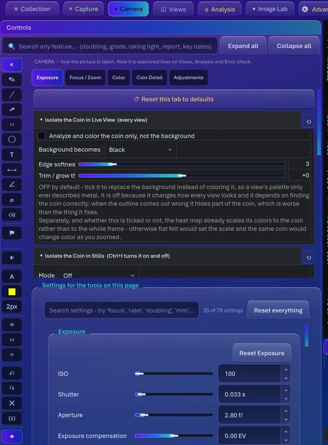 The Camera tab in CoinScope Pro, with exposure, shutter and gain controls