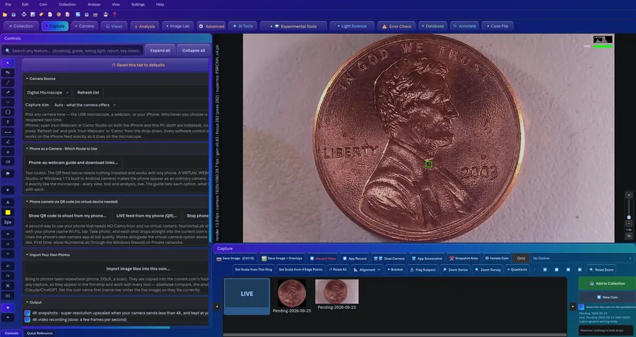The Capture tab in CoinScope Pro, with the live microscope view beside the capture controls
