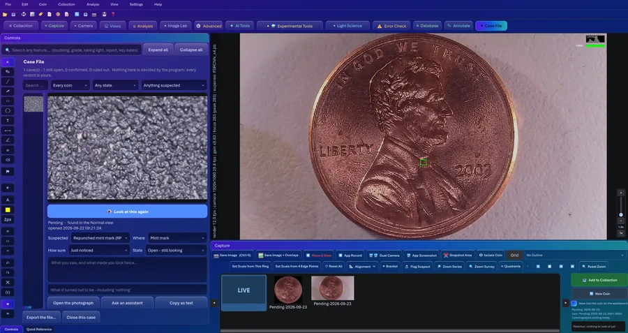 The Case File tab in CoinScope Pro, with a flagged area and its verdict fields