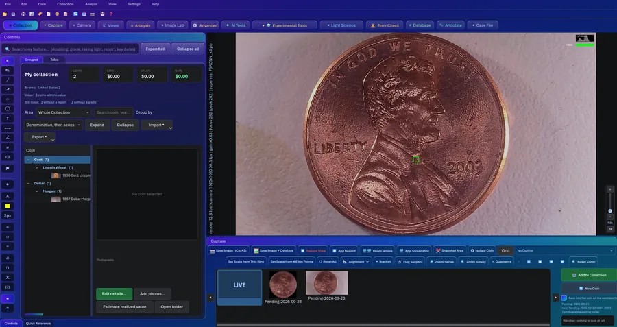 The Collection tab in CoinScope Pro, the coin tree beside the live view