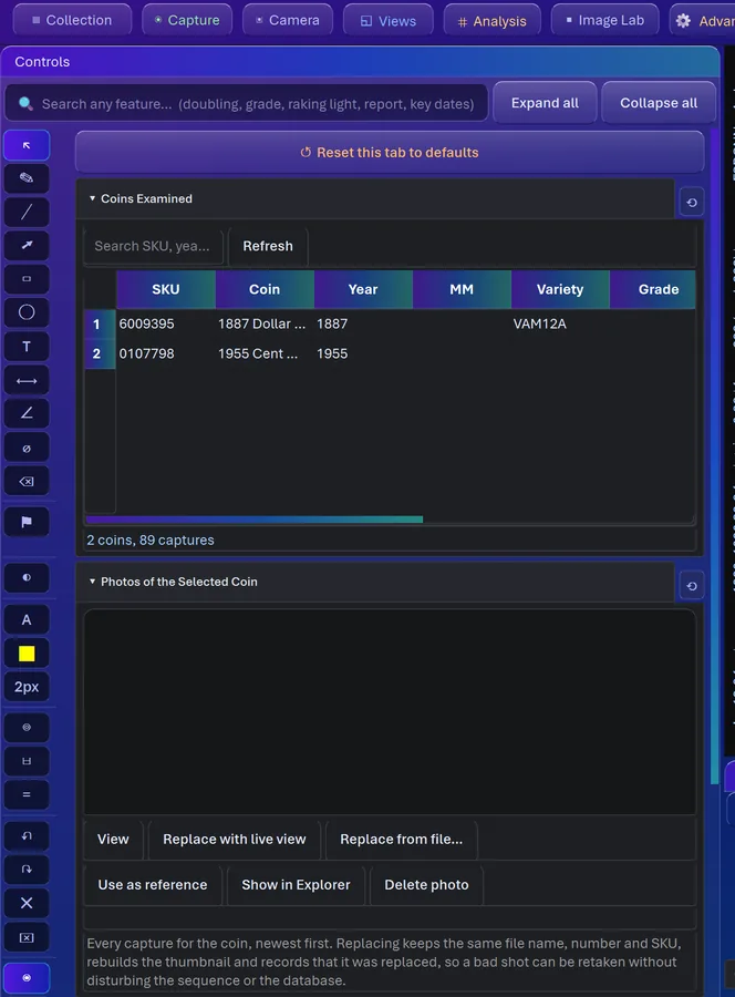The Database tab in CoinScope Pro listing coins by SKU