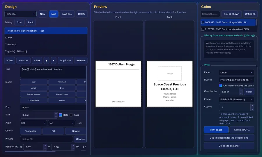 The Flip Card and Label Designer in CoinScope Pro, front and back preview beside the coin list