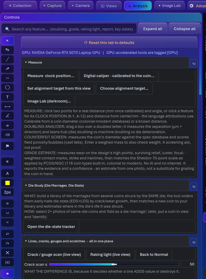 The Analysis panel in CoinScope Pro with the Measure tools and the doubling analyzer