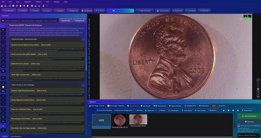 The Experimental Tools tab in CoinScope Pro, headed: these tools infer, they do not measure