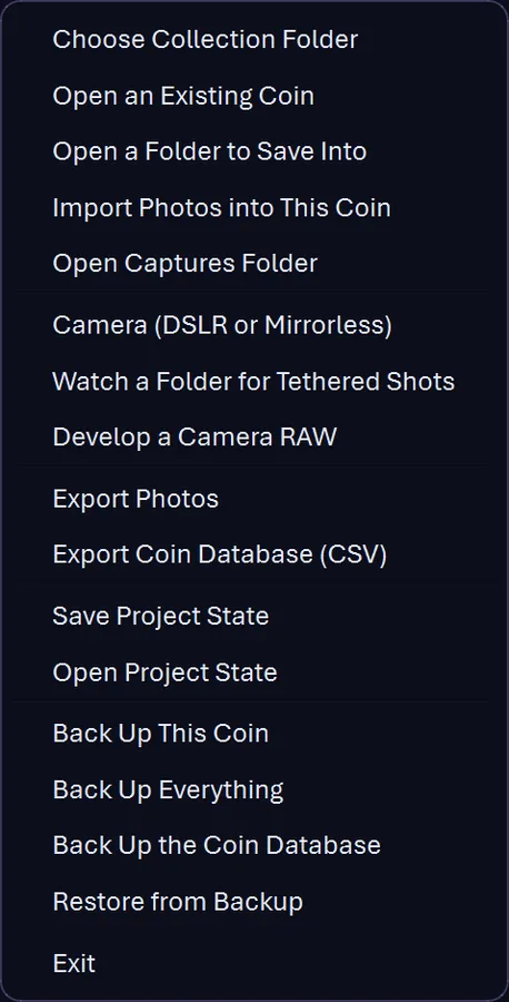The File menu in CoinScope Pro: Save and Open Project State, Back Up This Coin, Back Up Everything and Restore from Backup