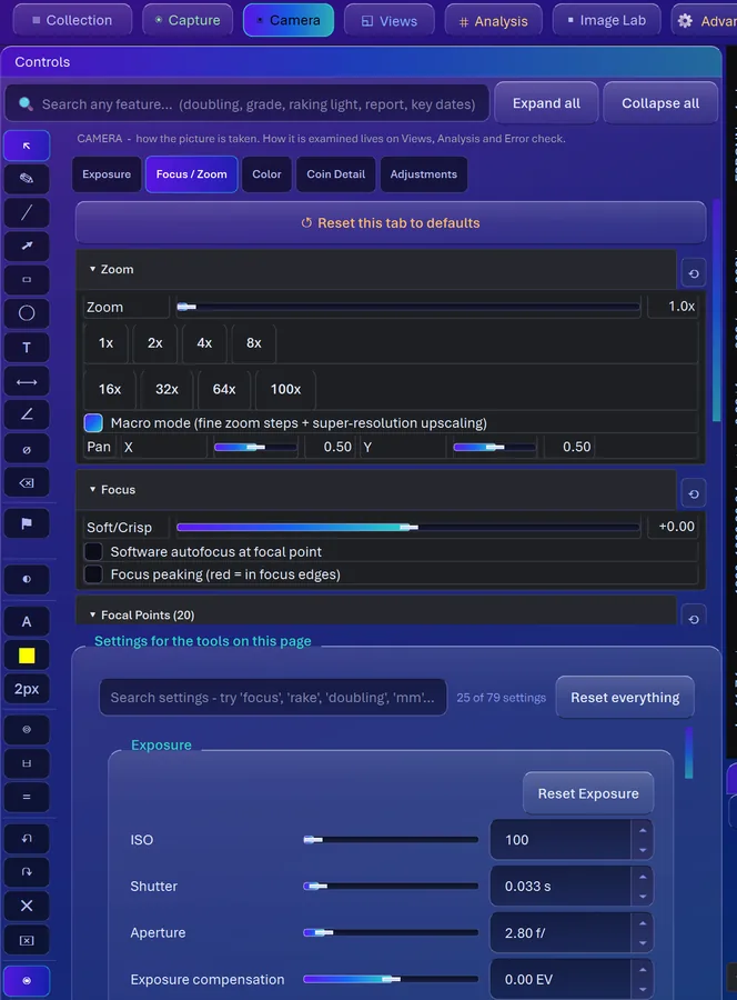 The Focus/Zoom controls in CoinScope Pro, where focus peaking and the focus meter are set