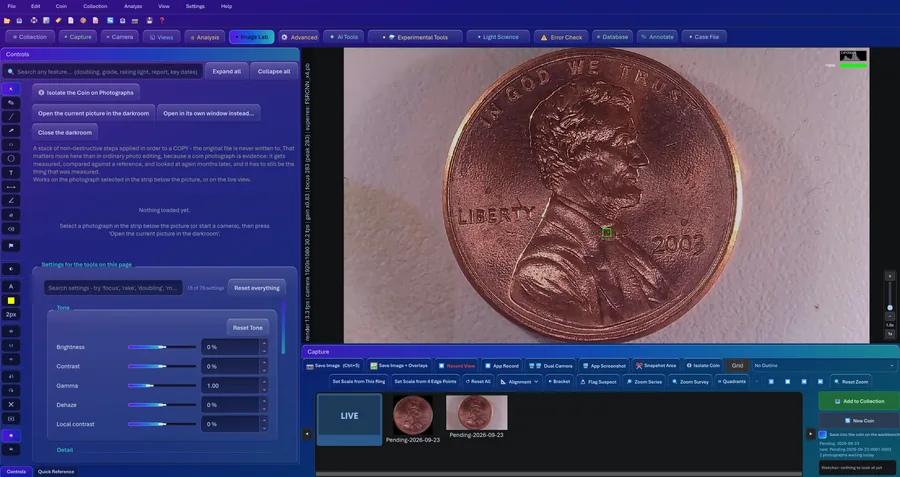 Image Lab, the darkroom in CoinScope Pro, open on a saved photograph