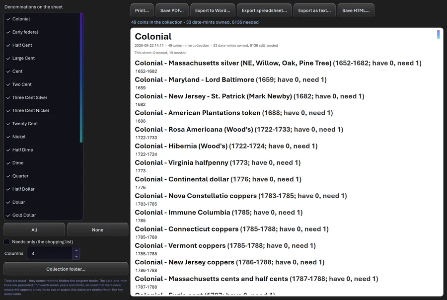 The printable Have and Need inventory in CoinScope Pro, series by series