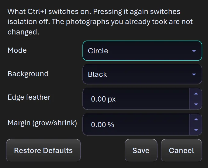 The Ctrl+I isolation settings in CoinScope Pro: mode, background, edge feather and margin