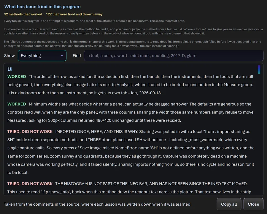The How This Is Being Iterated window in CoinScope Pro, listing methods that worked and methods that were thrown away