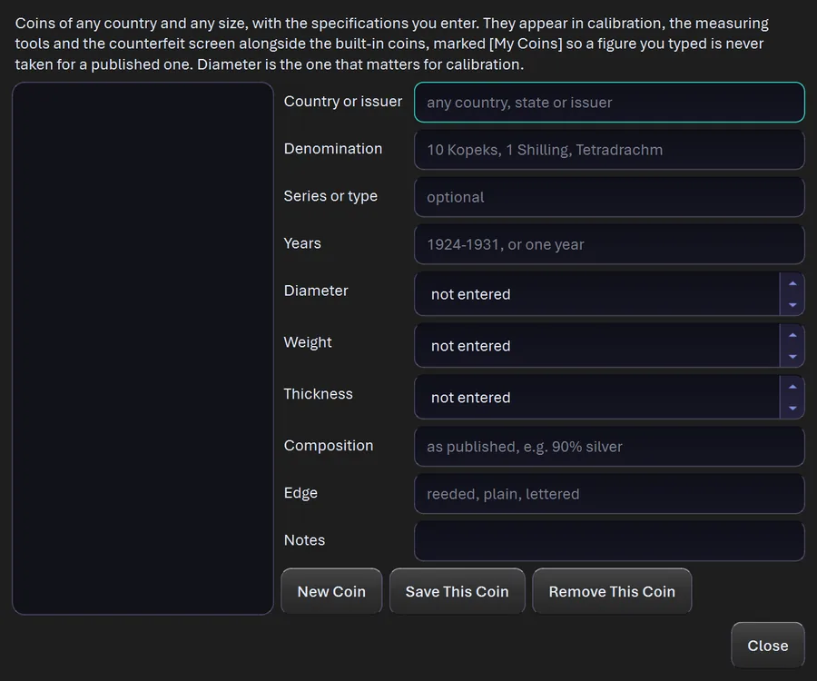 The My Coins window in CoinScope Pro, where a coin's own diameter, weight and thickness are entered