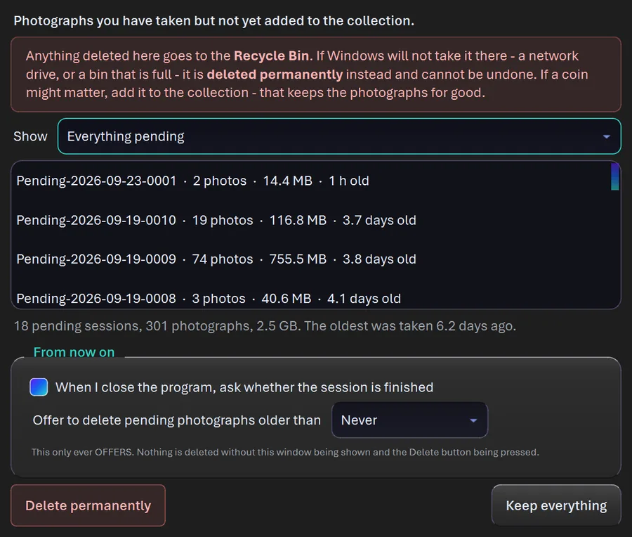 The Pending Photographs window in CoinScope Pro, listing photographs taken but not yet filed