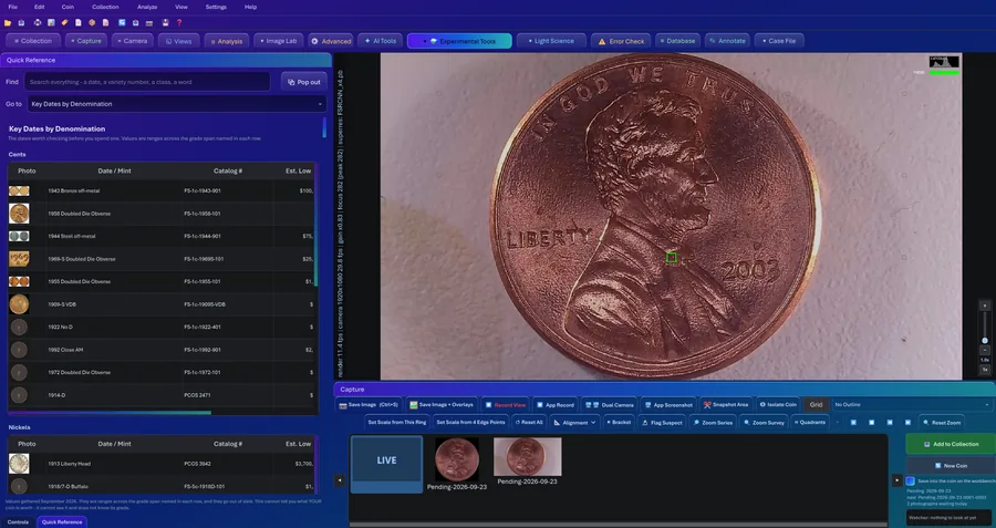 The Quick Reference window in CoinScope Pro: key dates, doubled dies and repunched mint marks