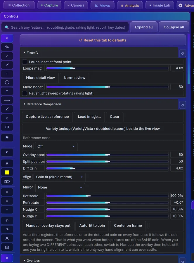 The Reference Comparison controls in CoinScope Pro: overlay, split, difference gain and coin-fit alignment
