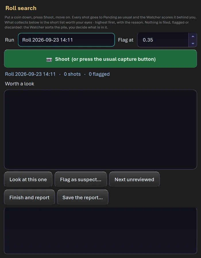 The Roll Search window in CoinScope Pro: shoot fast, let the Watcher triage, stop on the flagged frames