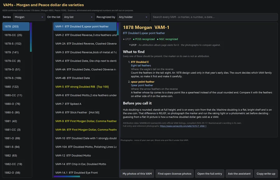The VAM window in CoinScope Pro: date, VAM designation and the diagnostic markers to look for