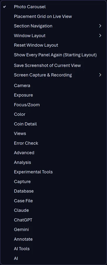 The View menu in CoinScope Pro, including Save Screenshot of Current View and Screen Capture and Recording