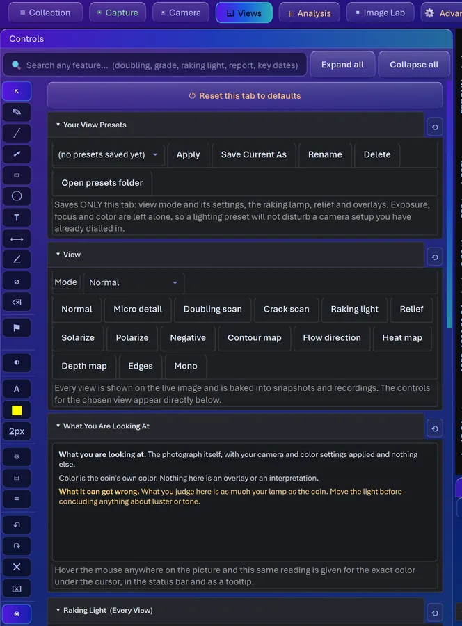 The Views panel in CoinScope Pro, listing the ways a surface can be rendered