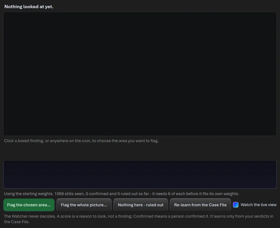 The Watcher window in CoinScope Pro, which scores whether something is off about a coin and leaves the naming to you