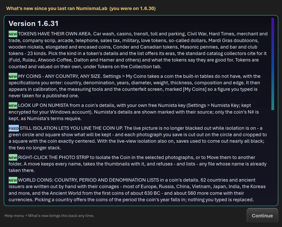 The What's New window in CoinScope Pro for version 1.6.31