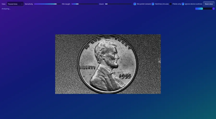 Fine line and hairline finder, tracing lines across the whole coin