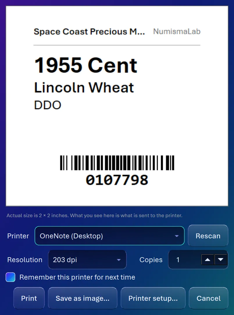 A printed flip label from CoinScope Pro