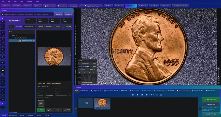 The bench: live view, histogram, focus meter and the photograph strip