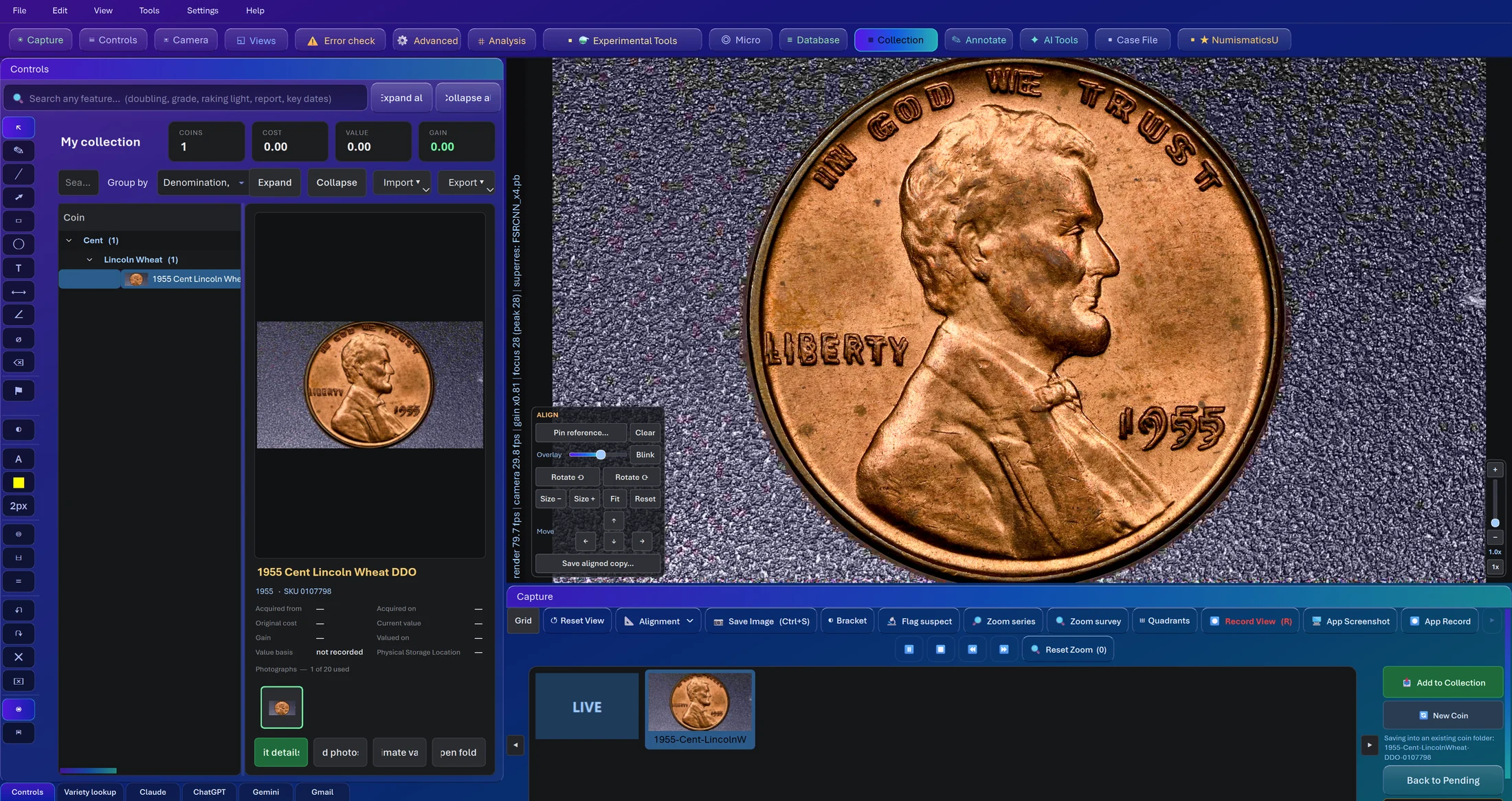 CoinScope Pro examining a 1955 doubled die Lincoln cent: live microscope view, histogram, focus meter and the coin's photograph strip