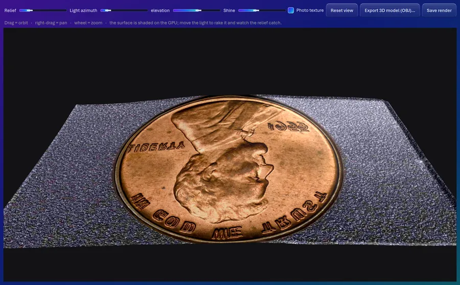 The coin as a 3D surface, orbited and relit on the graphics card